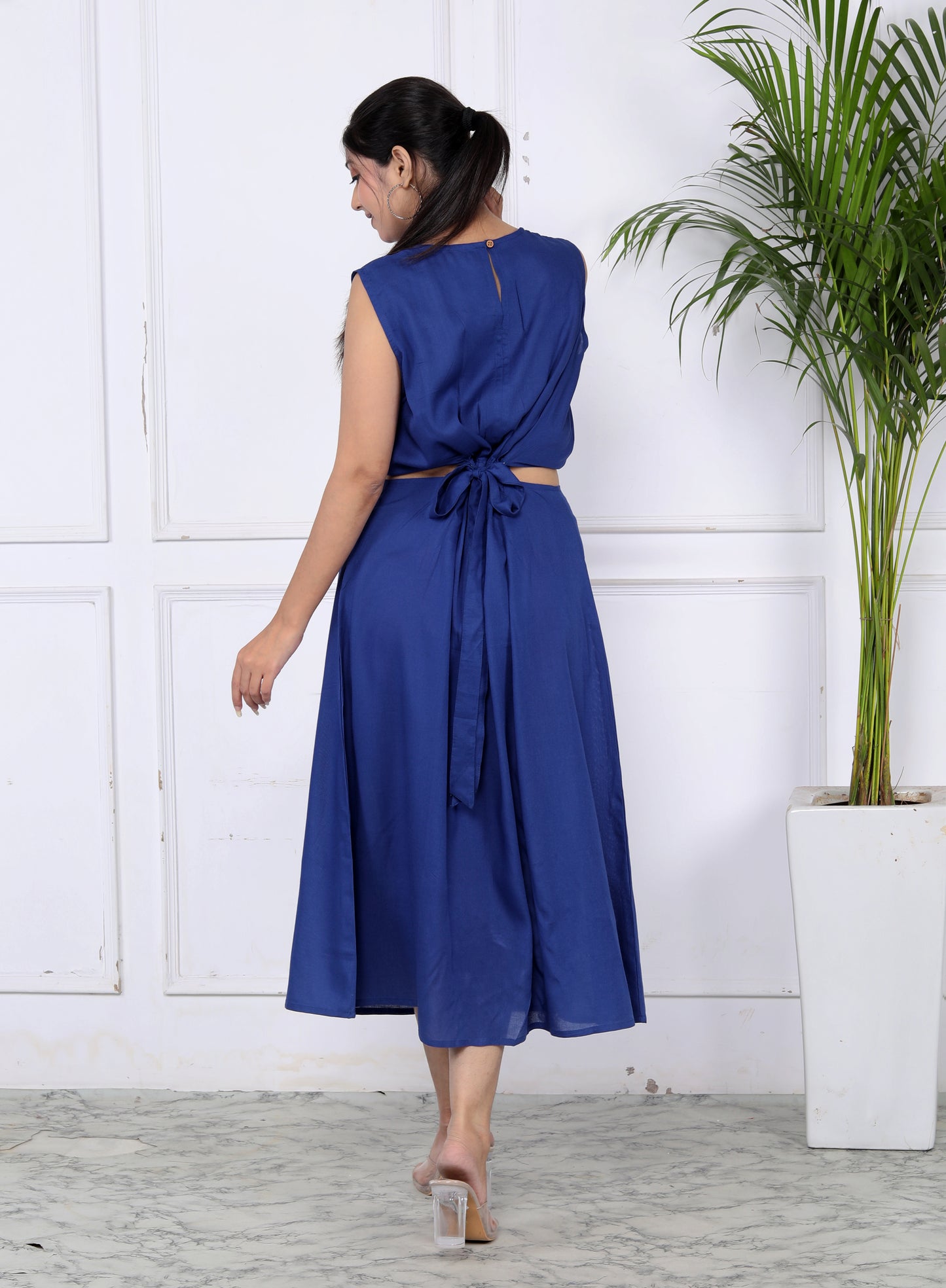 Akrish Premium Cotton Blue Midi Gown for Women | Elegant Sleeveless Summer & Party Wear Dress
