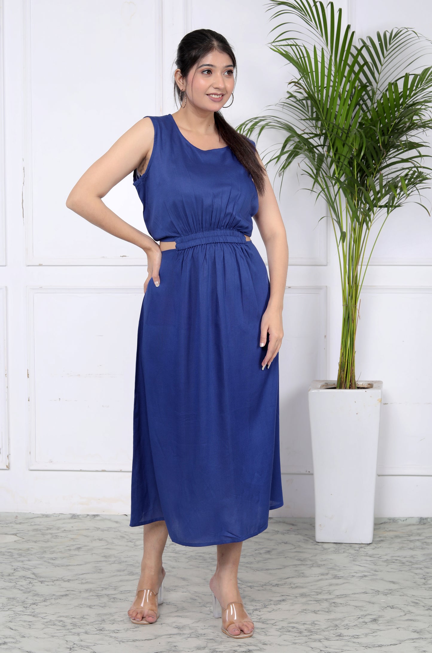 Akrish Premium Cotton Blue Midi Gown for Women | Elegant Sleeveless Summer & Party Wear Dress