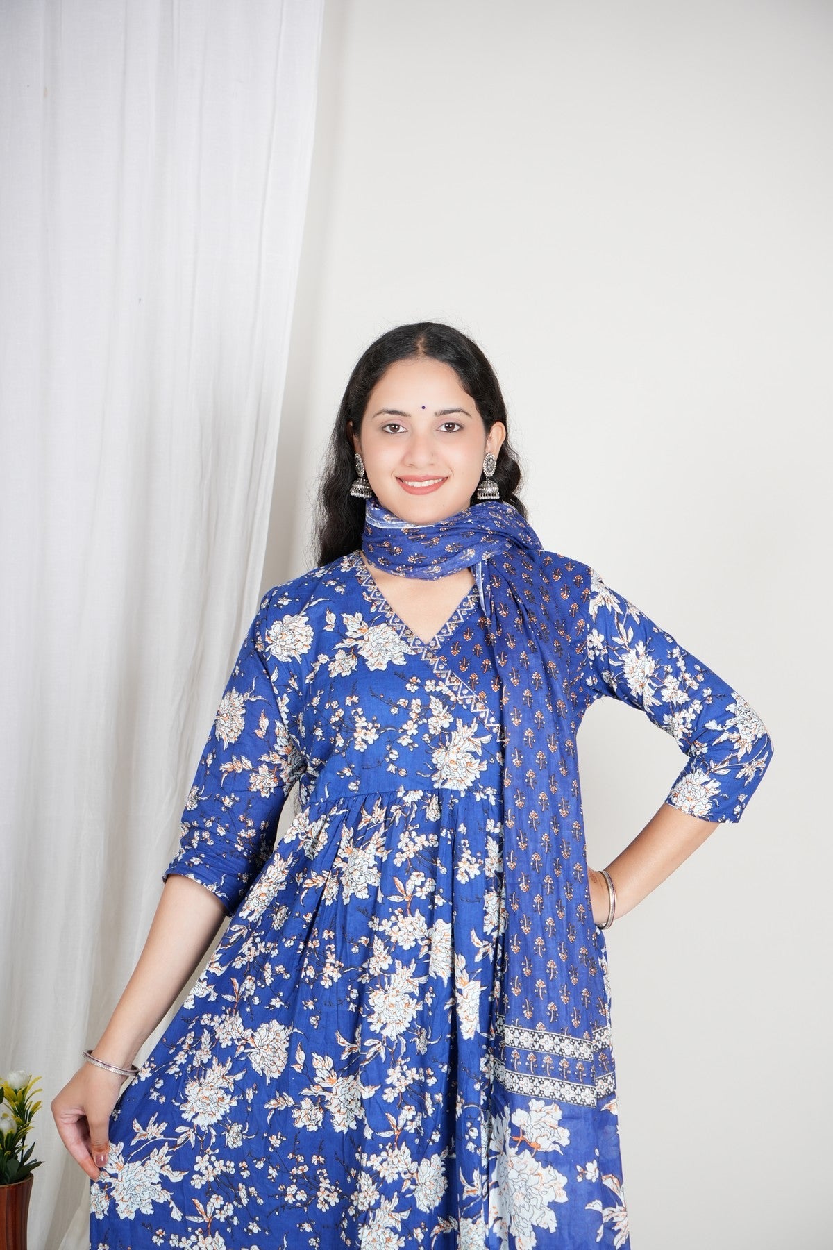 Royal Blue Printed Cotton Suit Set for Women | Three-Piece Kurta Pant Dupatta Set | Festive & Ethnic Wear Akrish