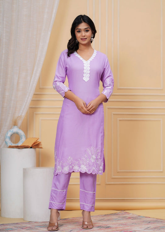 Women's Lavender Embroidered Kurti Set with Pant & Dupatta Akrish