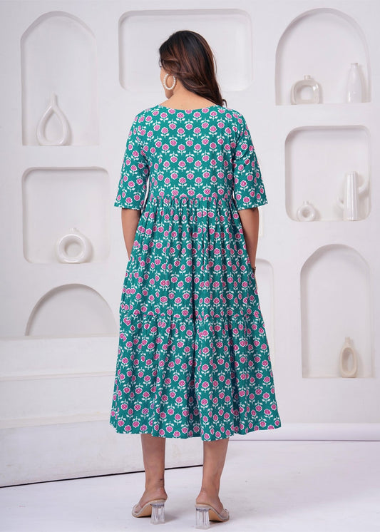 Beautiful Green Floral Midi Gown – Soft, Flowy & Perfect for Everyday Elegance Akrish