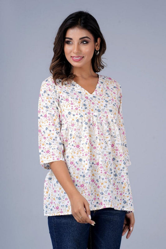 Women’s White Multicolor Floral Printed Peplum Top – Soft Cotton Top with 3/4 Sleeves Akrish