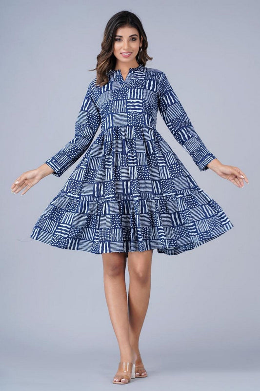 Women’s Navy Blue Abstract Print Tiered A-Line Dress Akrish