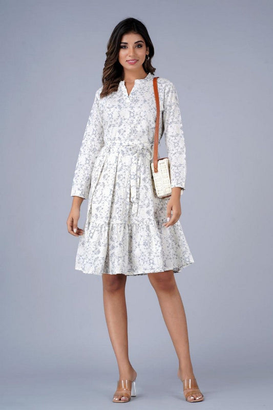 Women’s White & Grey Floral Printed A-Line Fit & Flare Dress with Waist Belt – Cotton Midi Dress Akrish