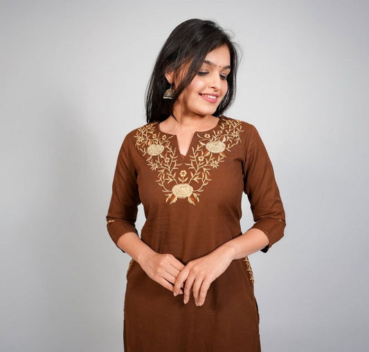 Elegant Women’s Brown Embroidered Kurti Set – Straight Fit Kurta with Matching Pants Akrish