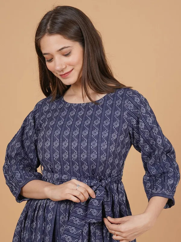 Akrish Blue Khadi Cotton Dress for Women | Handwoven Ethnic Midi Dress for Daily & Festive Wear