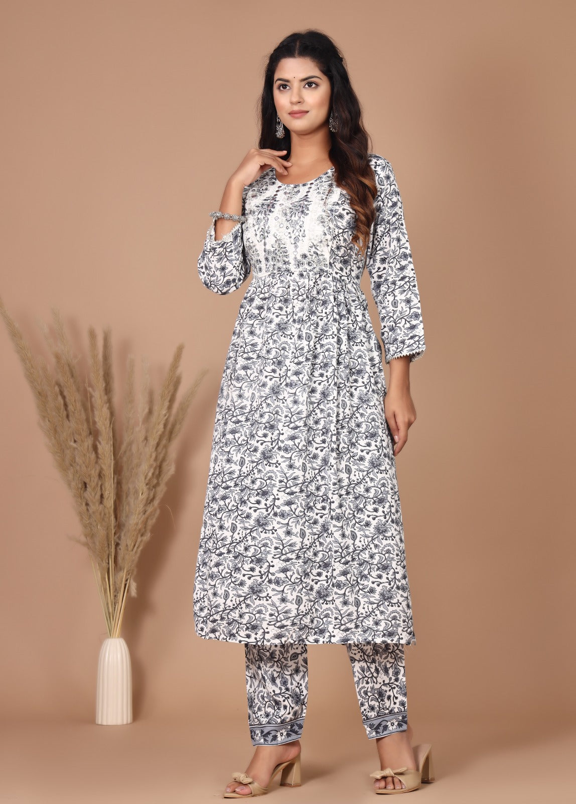 Akrish White Cotton Printed Kurta Set for Women | 2-Piece Designer Ethnic Wear