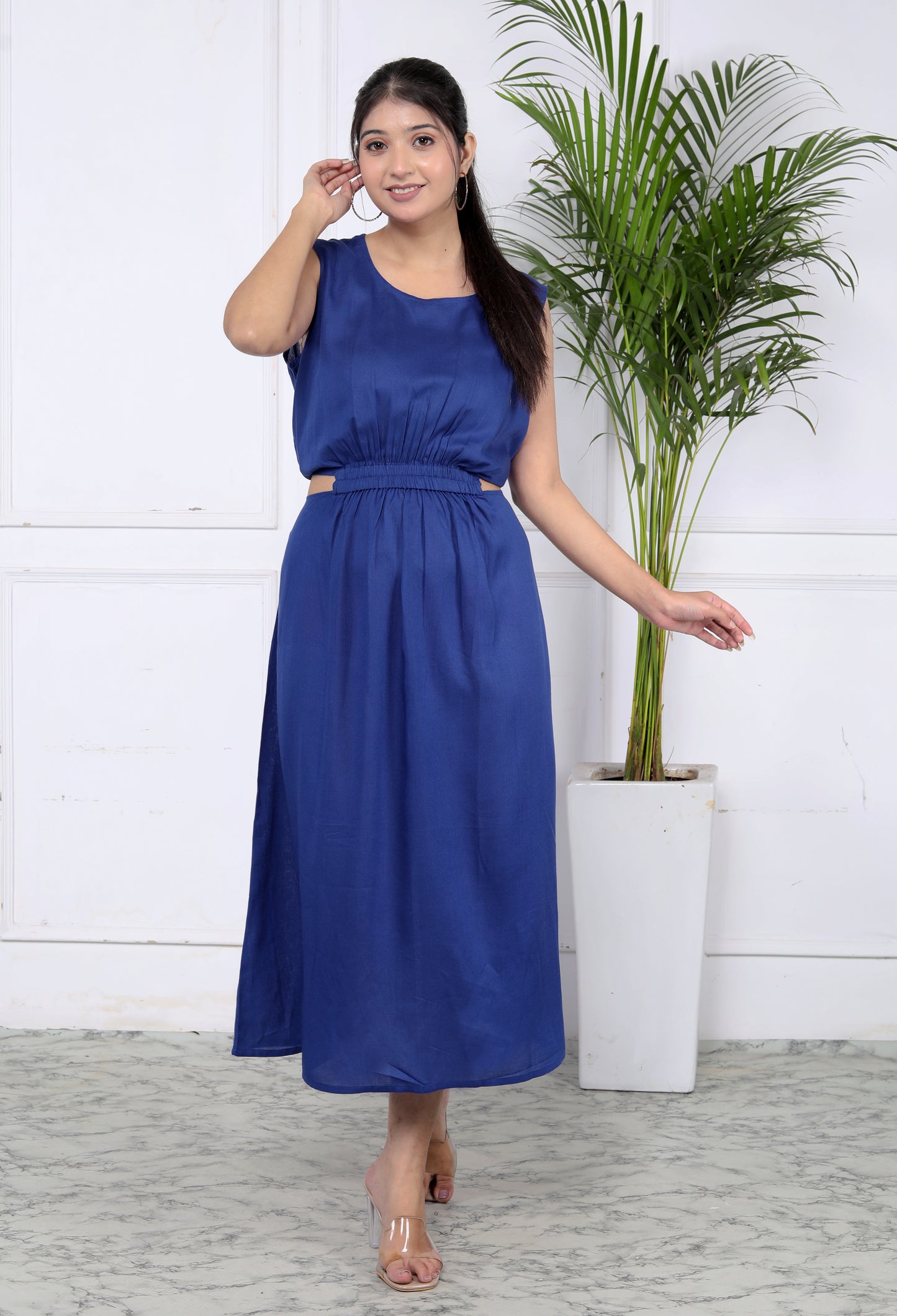 Akrish Premium Cotton Blue Midi Gown for Women | Elegant Sleeveless Summer & Party Wear Dress