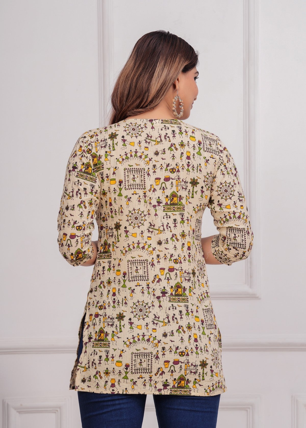 Women’s Cotton Printed Kurti – Stylish Beige Warli Art Design, 3/4th Sleeves, Casual & Office Wear Tunic Top Akrish