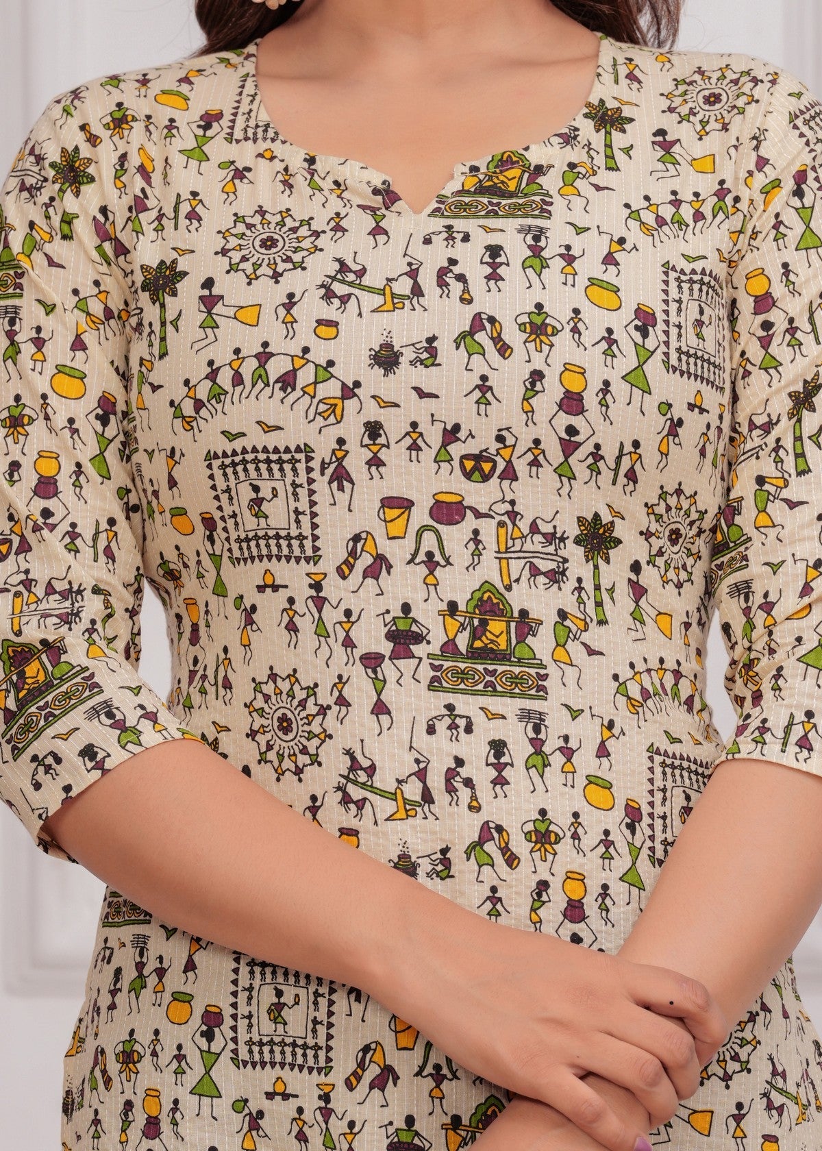 Women’s Cotton Printed Kurti – Stylish Beige Warli Art Design, 3/4th Sleeves, Casual & Office Wear Tunic Top Akrish