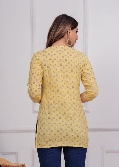 Bright Yellow Floral Printed Women’s Kurti – Soft Cotton Straight Fit Akrish