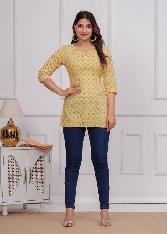 Bright Yellow Floral Printed Women’s Kurti – Soft Cotton Straight Fit Akrish