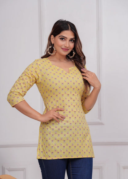Bright Yellow Floral Printed Women’s Kurti – Soft Cotton Straight Fit Akrish