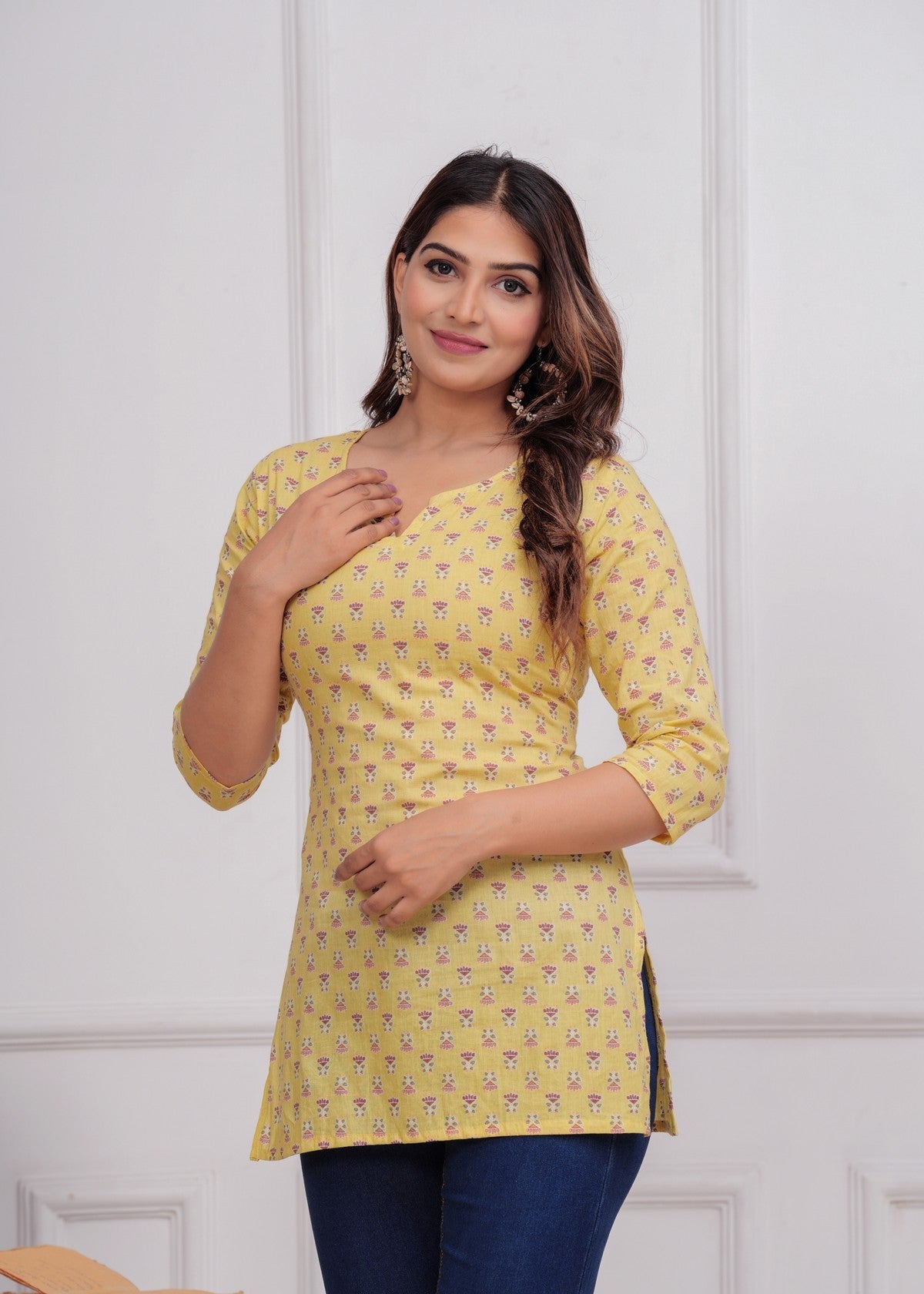Bright Yellow Floral Printed Women’s Kurti – Soft Cotton Straight Fit Akrish