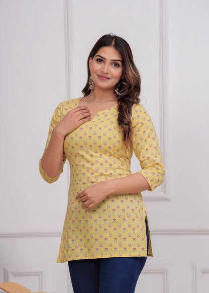 Bright Yellow Floral Printed Women’s Kurti – Soft Cotton Straight Fit Akrish