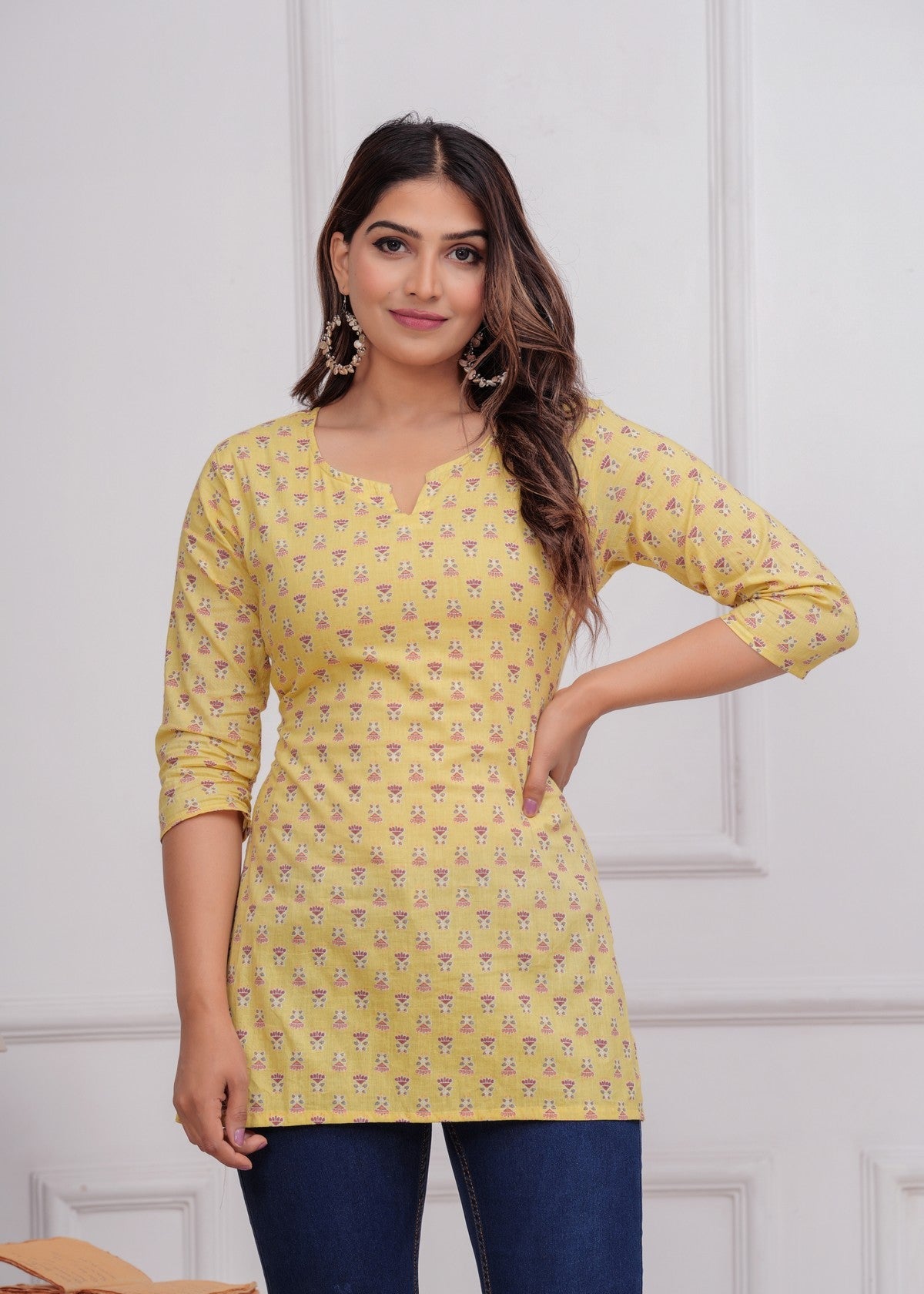 Bright Yellow Floral Printed Women’s Kurti – Soft Cotton Straight Fit Akrish