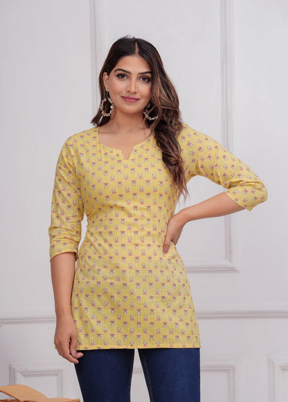 Bright Yellow Floral Printed Women’s Kurti – Soft Cotton Straight Fit Akrish