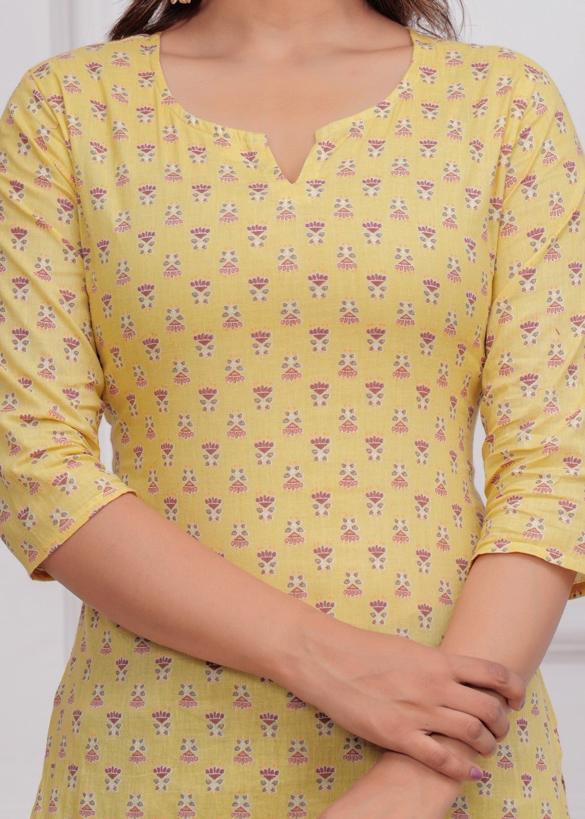 Bright Yellow Floral Printed Women’s Kurti – Soft Cotton Straight Fit Akrish