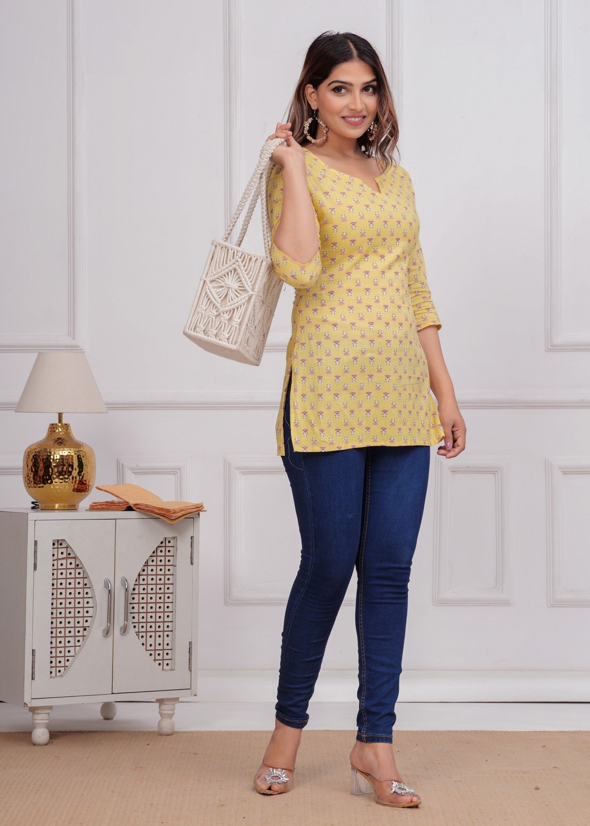 Bright Yellow Floral Printed Women’s Kurti – Soft Cotton Straight Fit Akrish