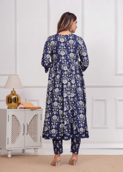 Women's Navy Blue Floral Printed Muslin Anarkali Kurta Set With Pants & Dupatta Akrish