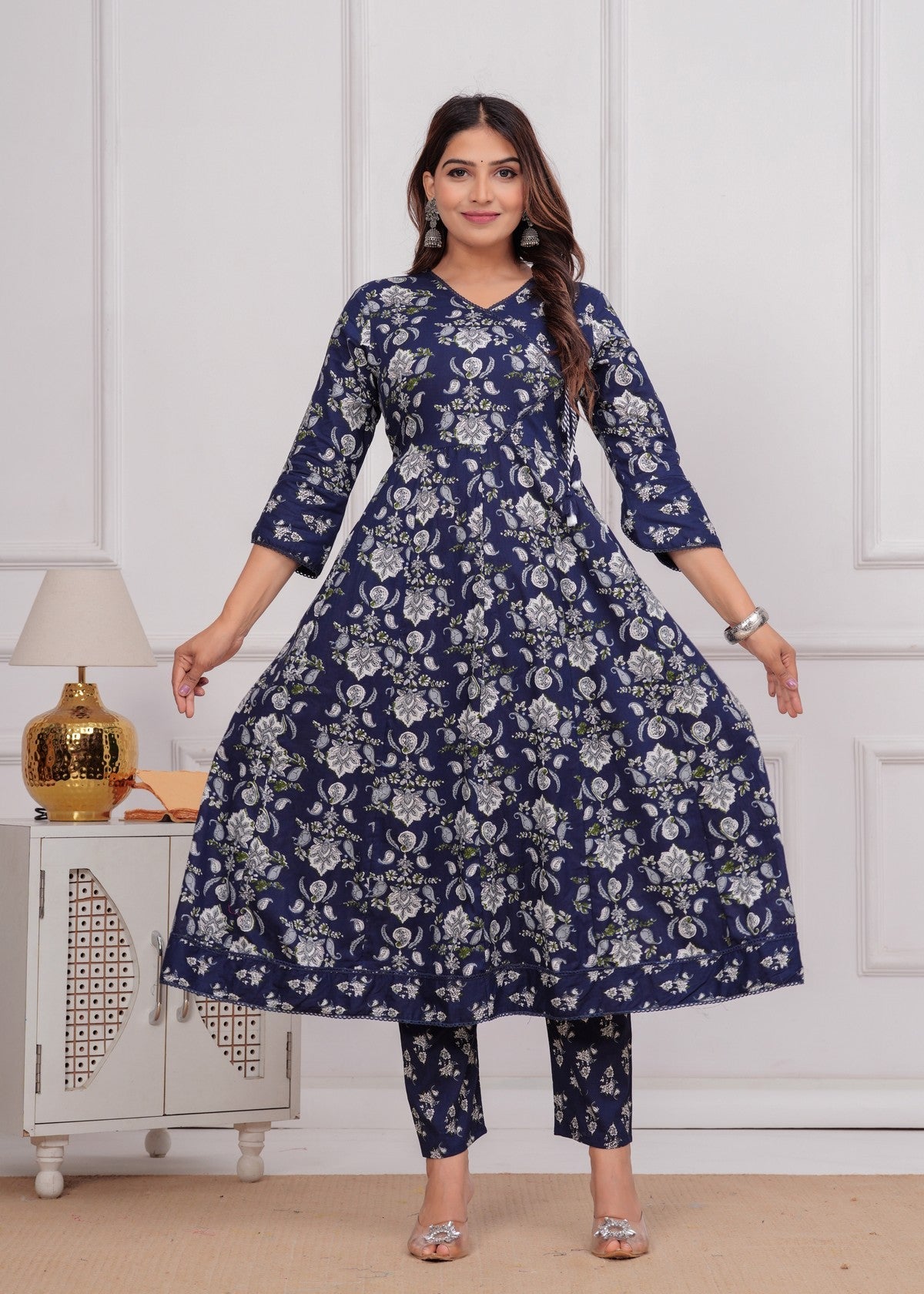 Women's Navy Blue Floral Printed Muslin Anarkali Kurta Set With Pants & Dupatta Akrish