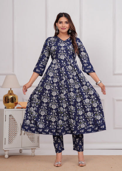 Women's Navy Blue Floral Printed Muslin Anarkali Kurta Set With Pants & Dupatta Akrish