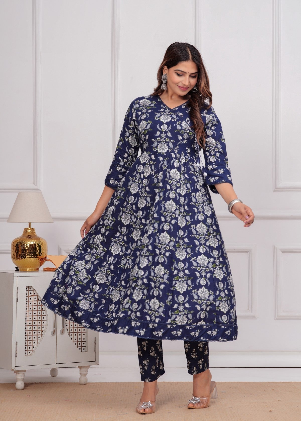 Women's Navy Blue Floral Printed Muslin Anarkali Kurta Set With Pants & Dupatta Akrish