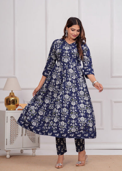Women's Navy Blue Floral Printed Muslin Anarkali Kurta Set With Pants & Dupatta Akrish