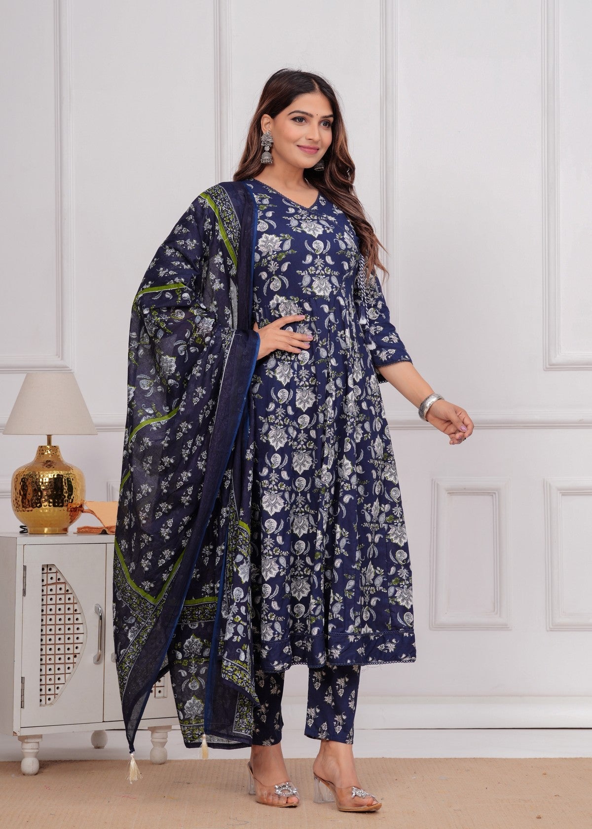 Women's Navy Blue Floral Printed Muslin Anarkali Kurta Set With Pants & Dupatta Akrish