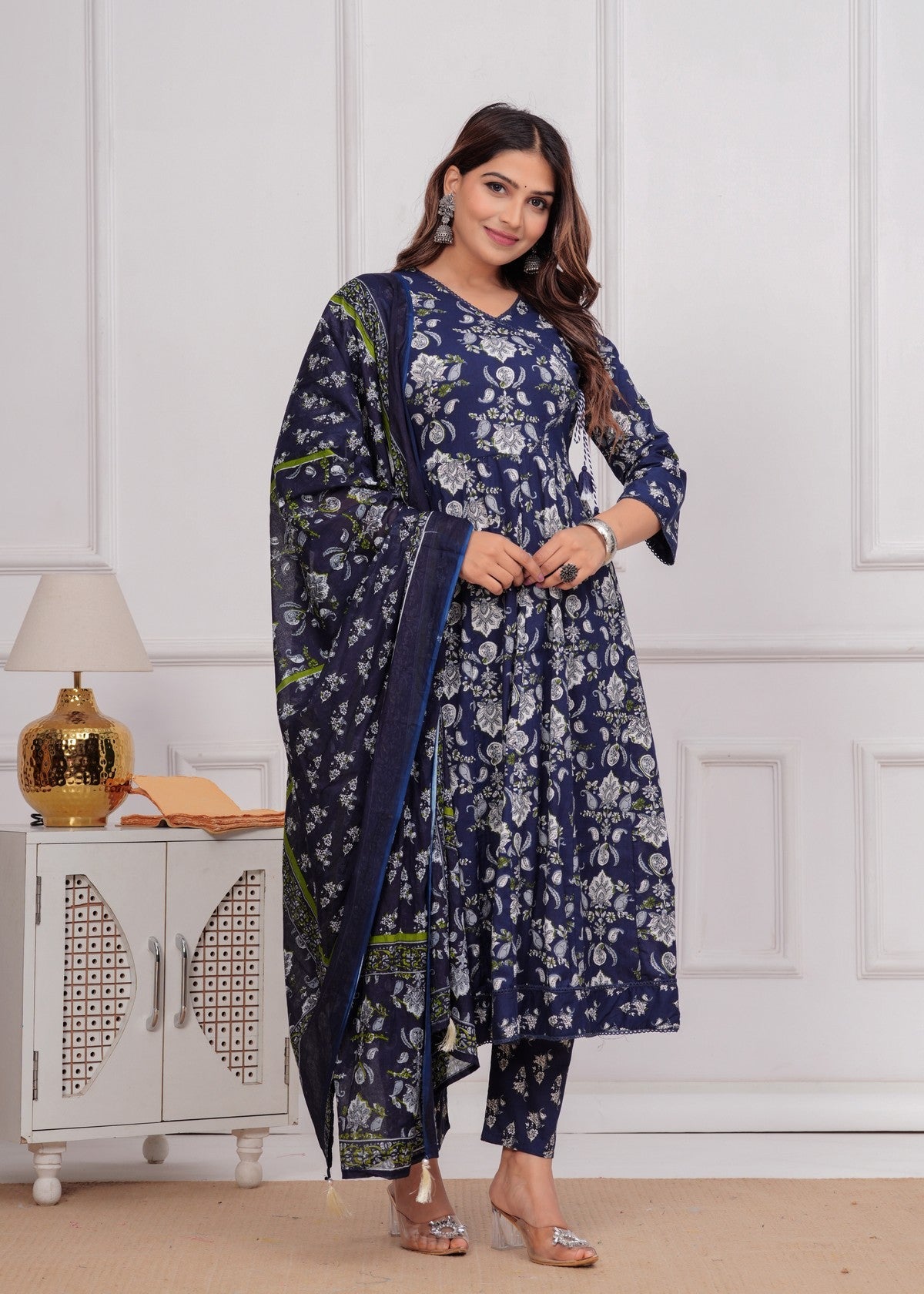 Women's Navy Blue Floral Printed Muslin Anarkali Kurta Set With Pants & Dupatta Akrish