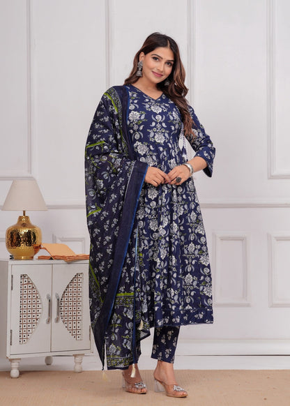 Women's Navy Blue Floral Printed Muslin Anarkali Kurta Set With Pants & Dupatta Akrish