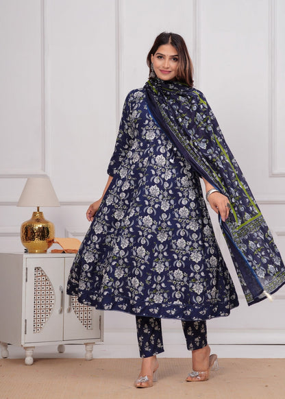 Women's Navy Blue Floral Printed Muslin Anarkali Kurta Set With Pants & Dupatta Akrish