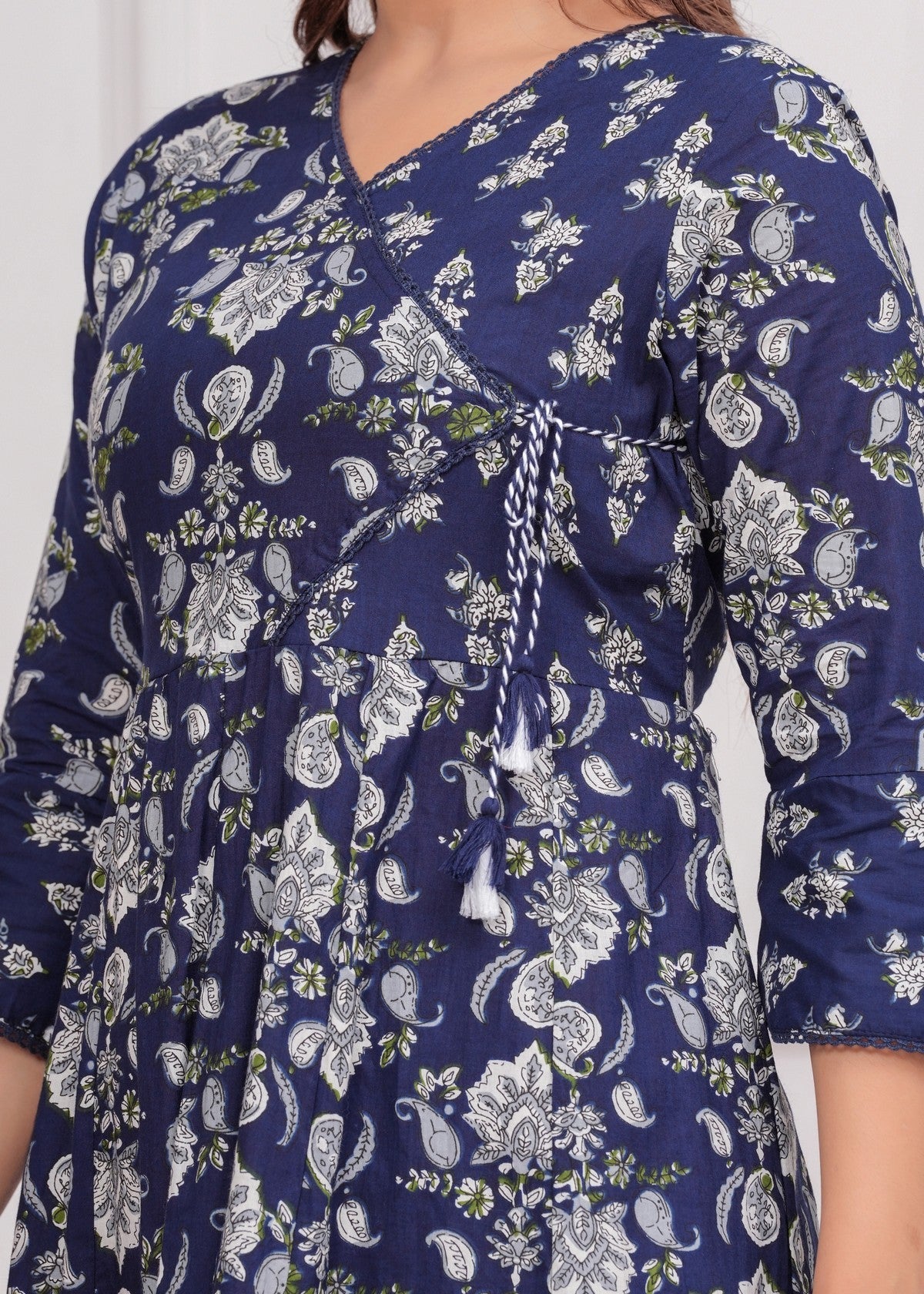 Women's Navy Blue Floral Printed Muslin Anarkali Kurta Set With Pants & Dupatta Akrish