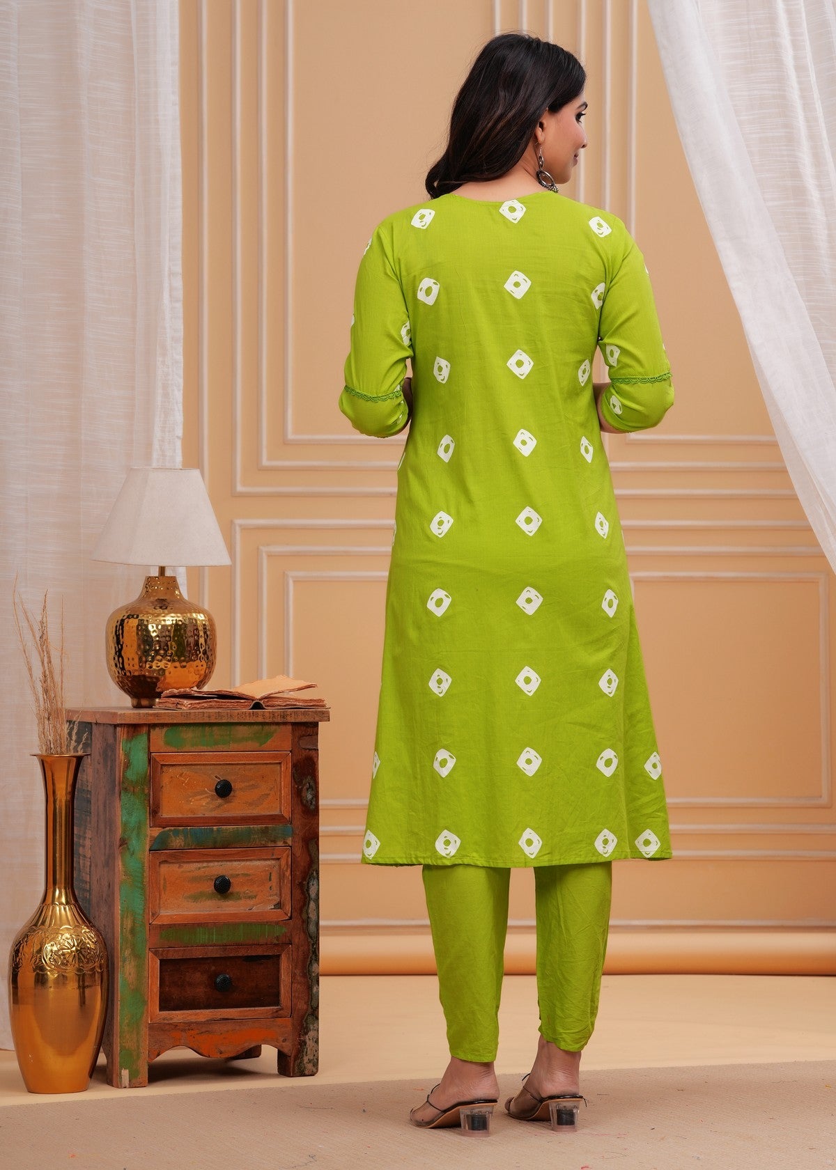 Lime Green Cotton Kurta Pant Set with White Thread Embroidery – Elegant Daily Wear Collection Akrish