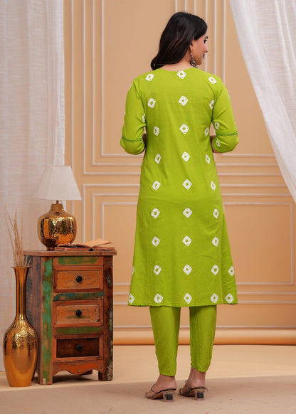 Lime Green Cotton Kurta Pant Set with White Thread Embroidery – Elegant Daily Wear Collection Akrish