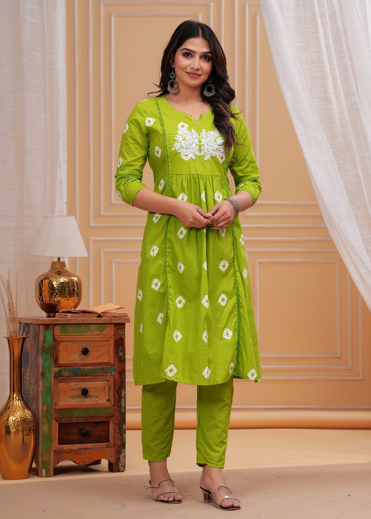 Lime Green Cotton Kurta Pant Set with White Thread Embroidery – Elegant Daily Wear Collection Akrish