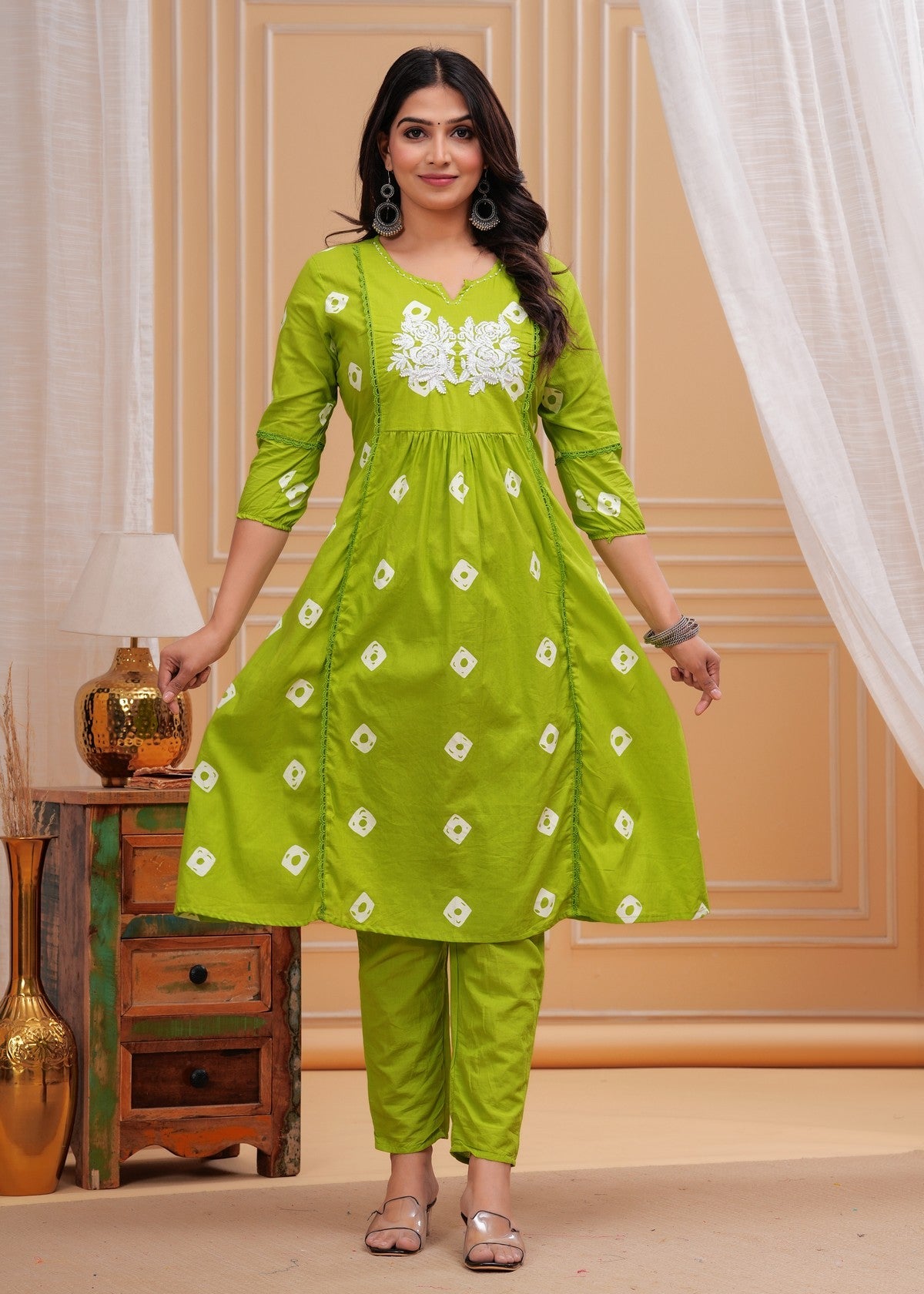 Lime Green Cotton Kurta Pant Set with White Thread Embroidery – Elegant Daily Wear Collection Akrish