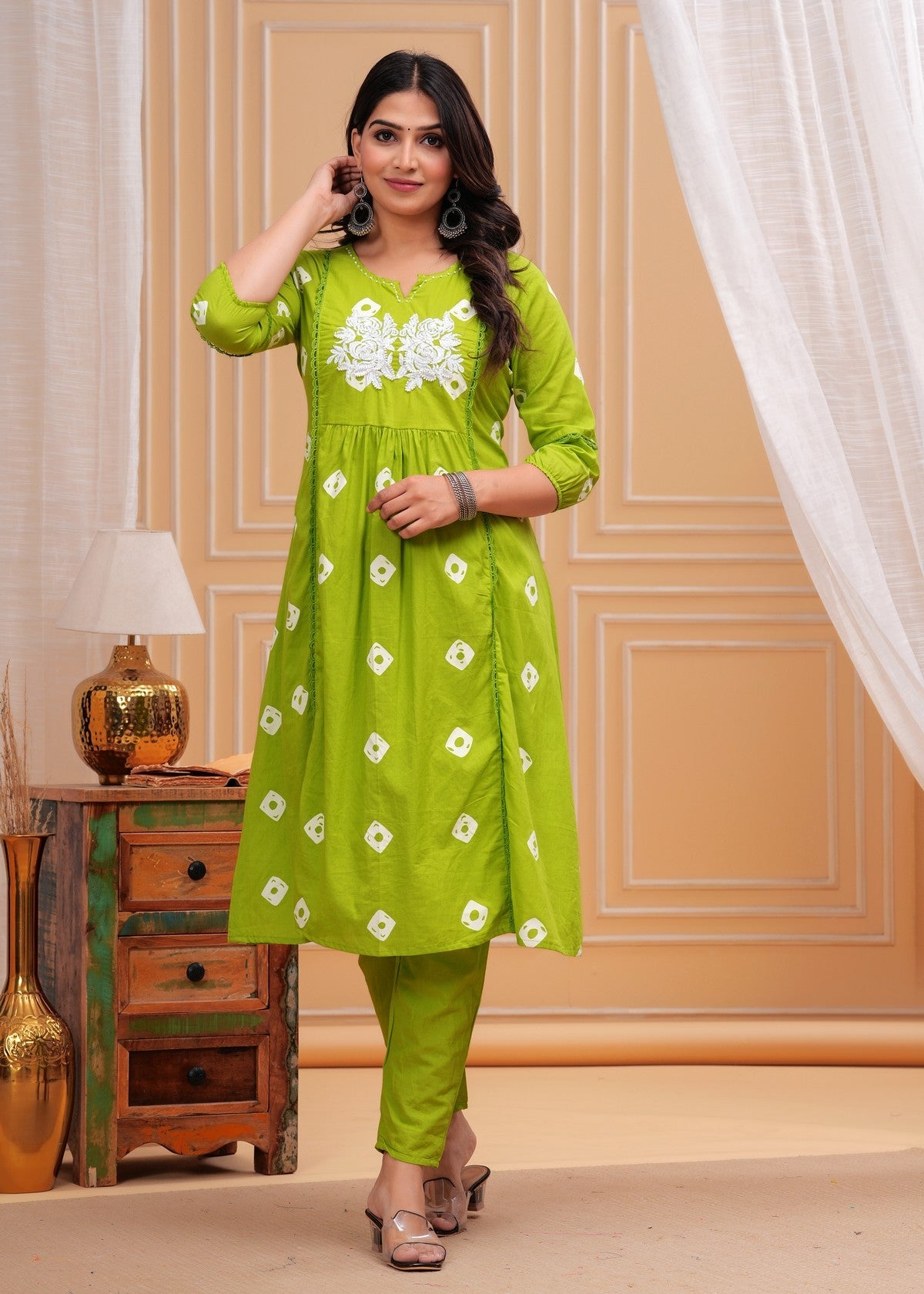 Lime Green Cotton Kurta Pant Set with White Thread Embroidery – Elegant Daily Wear Collection Akrish
