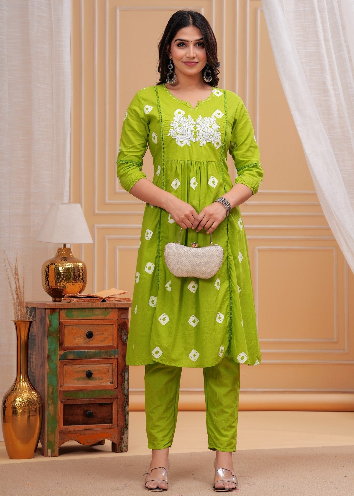 Lime Green Cotton Kurta Pant Set with White Thread Embroidery – Elegant Daily Wear Collection Akrish