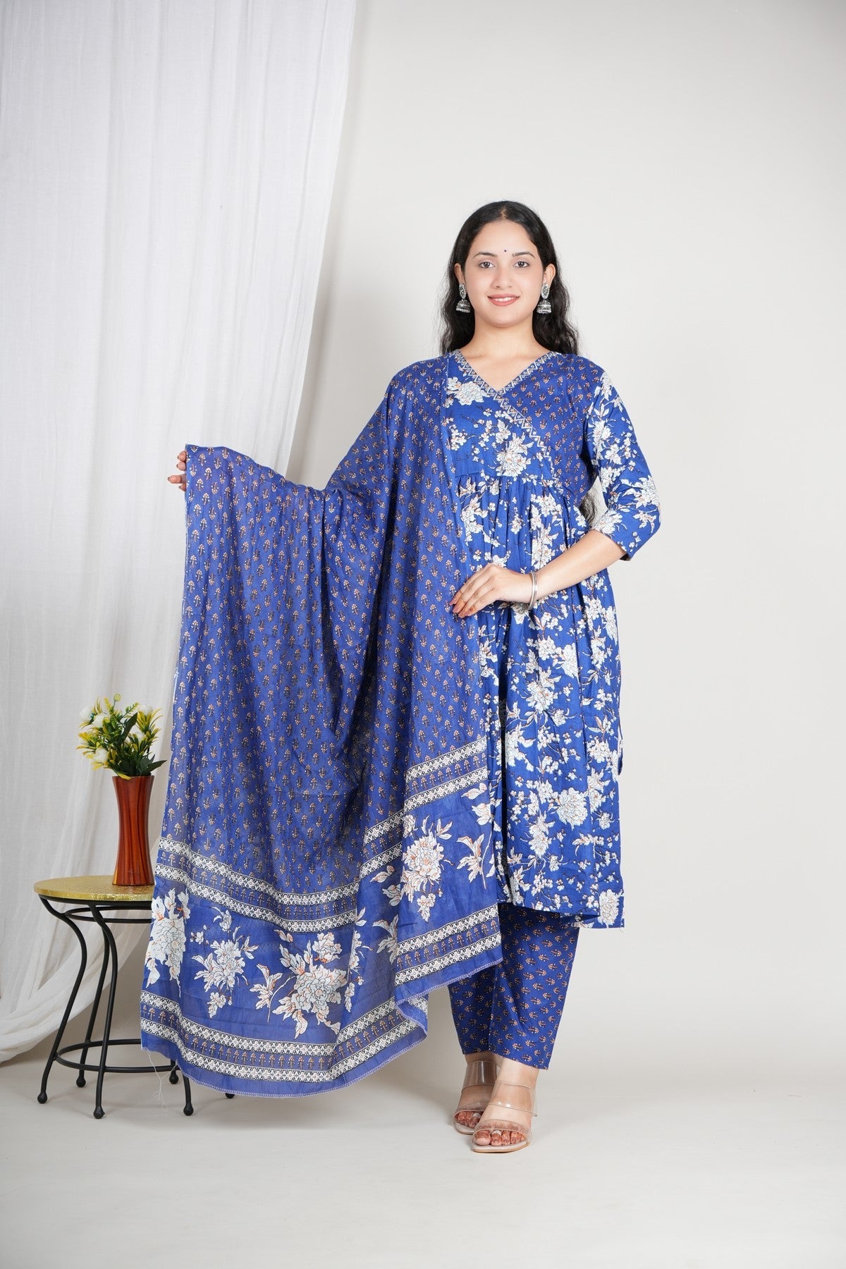 Royal Blue Printed Cotton Suit Set for Women | Three-Piece Kurta Pant Dupatta Set | Festive & Ethnic Wear Akrish