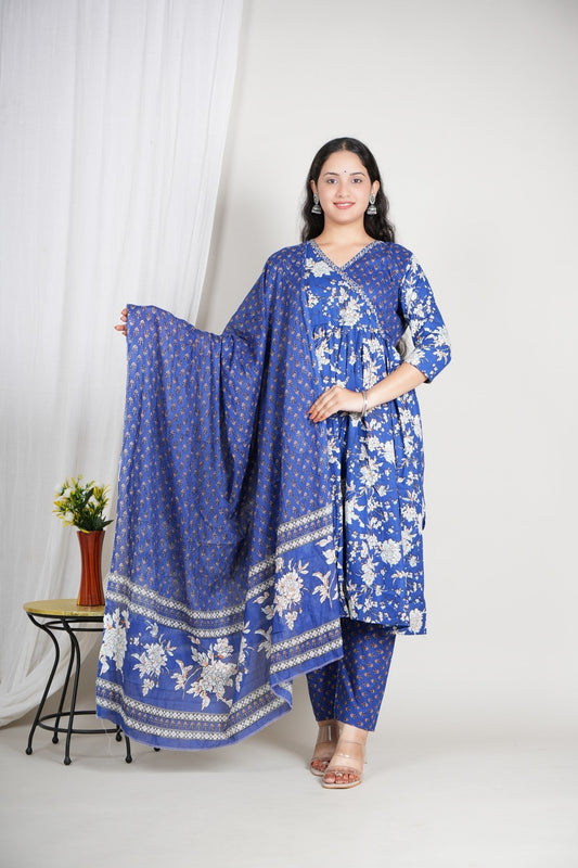 Royal Blue Printed Cotton Suit Set for Women | Three-Piece Kurta Pant Dupatta Set | Festive & Ethnic Wear Akrish