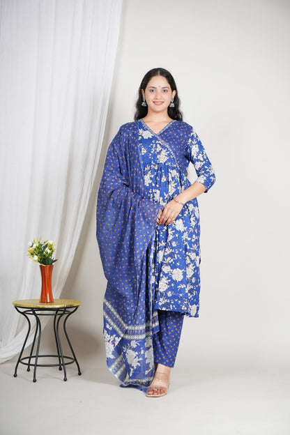 Royal Blue Printed Cotton Suit Set for Women | Three-Piece Kurta Pant Dupatta Set | Festive & Ethnic Wear Akrish