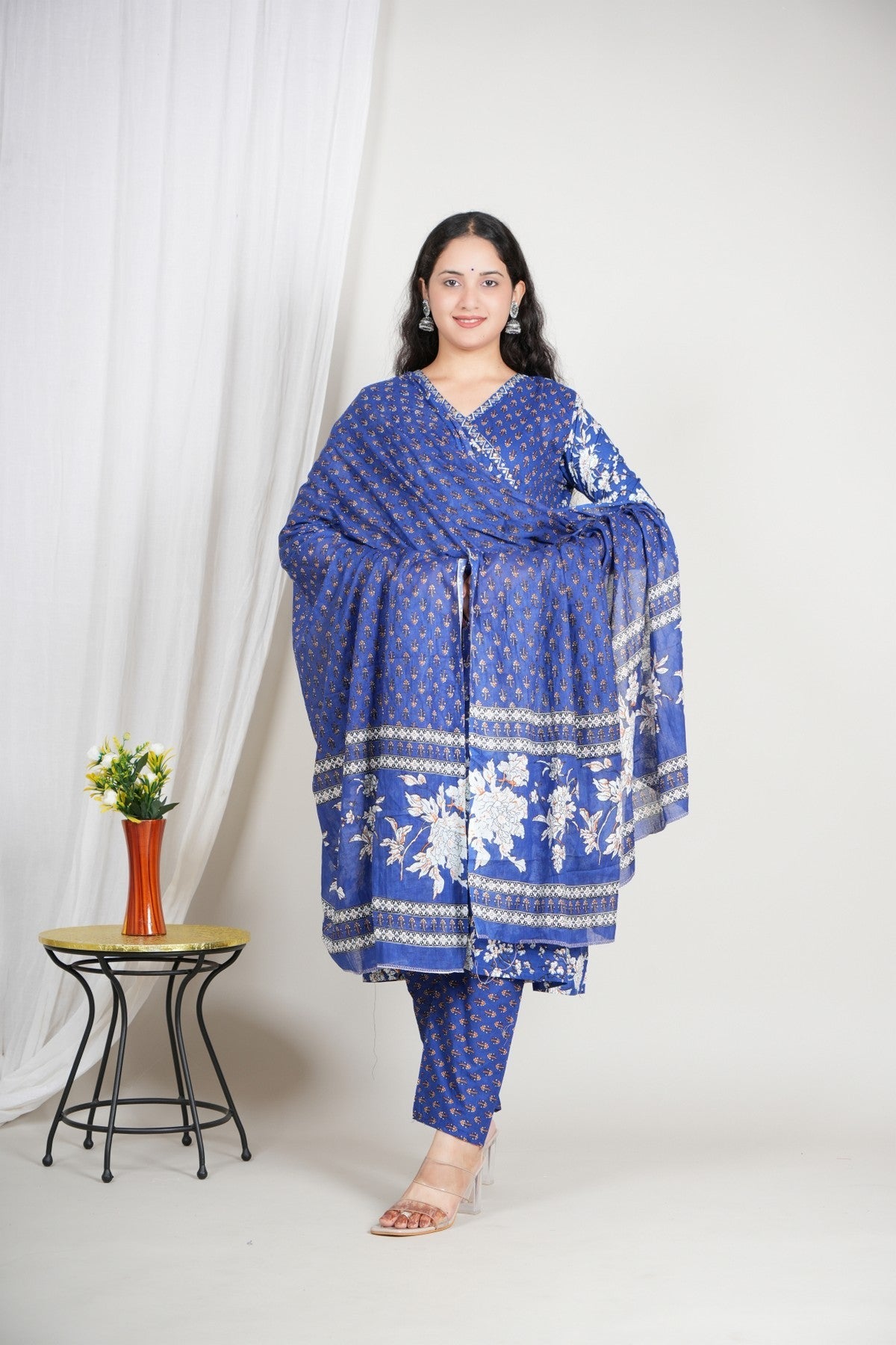Royal Blue Printed Cotton Suit Set for Women | Three-Piece Kurta Pant Dupatta Set | Festive & Ethnic Wear Akrish
