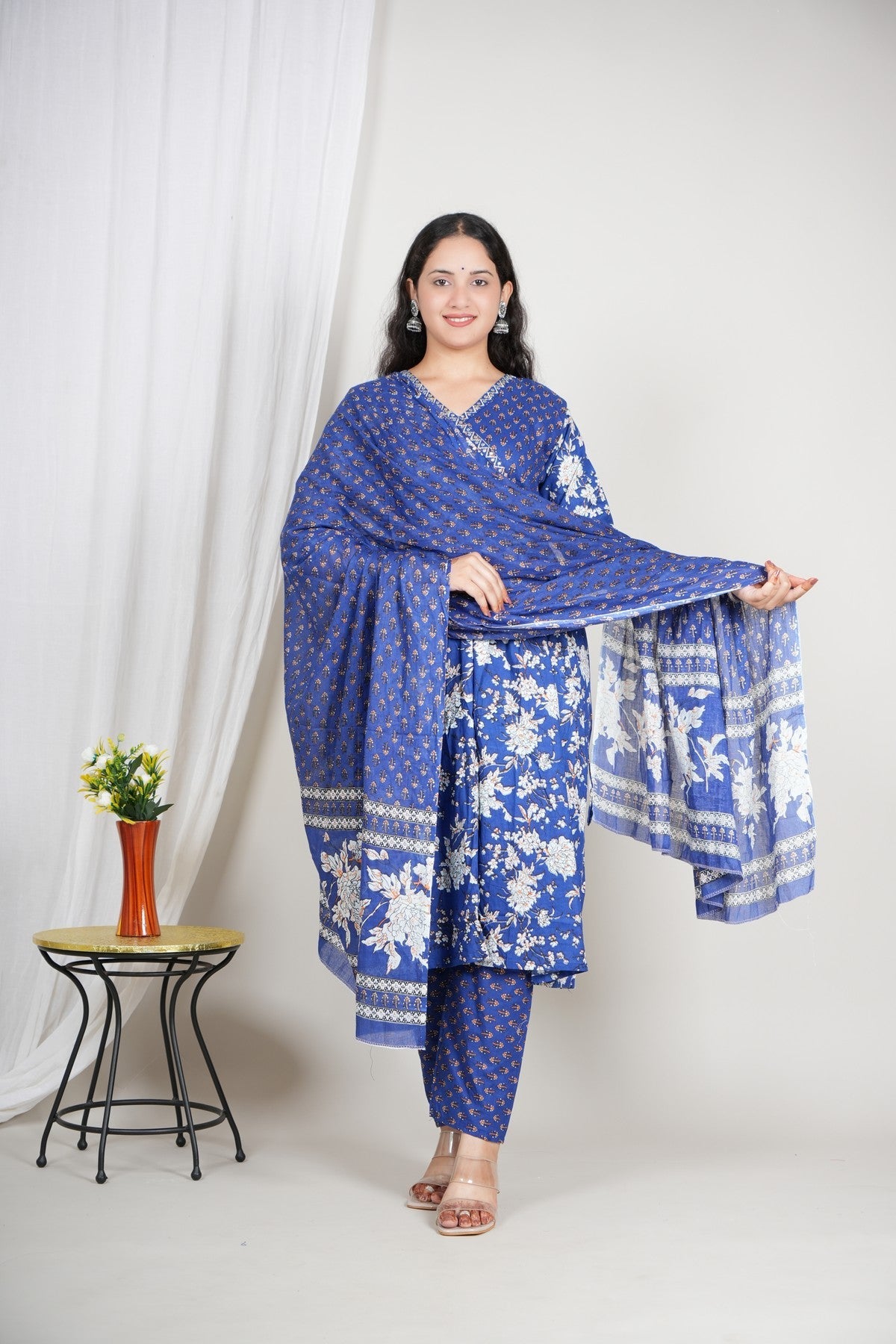 Royal Blue Printed Cotton Suit Set for Women | Three-Piece Kurta Pant Dupatta Set | Festive & Ethnic Wear Akrish