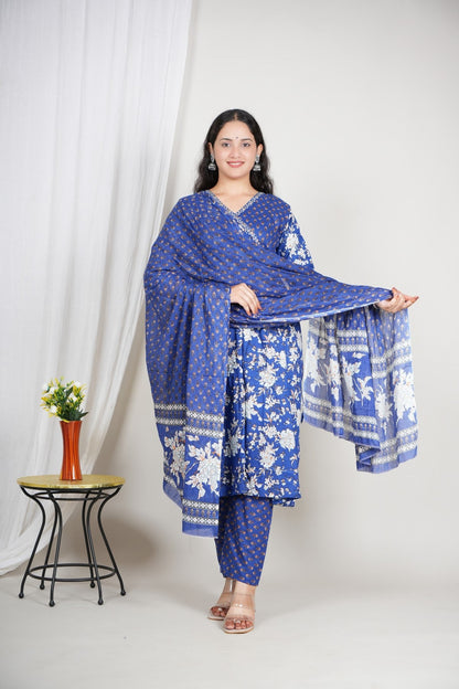 Royal Blue Printed Cotton Suit Set for Women | Three-Piece Kurta Pant Dupatta Set | Festive & Ethnic Wear Akrish