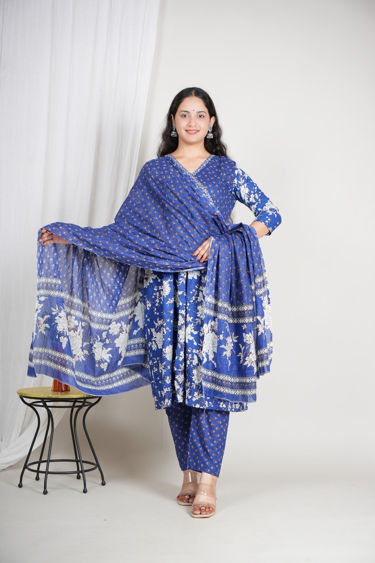 Royal Blue Printed Cotton Suit Set for Women | Three-Piece Kurta Pant Dupatta Set | Festive & Ethnic Wear Akrish