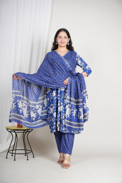 Royal Blue Printed Cotton Suit Set for Women | Three-Piece Kurta Pant Dupatta Set | Festive & Ethnic Wear Akrish