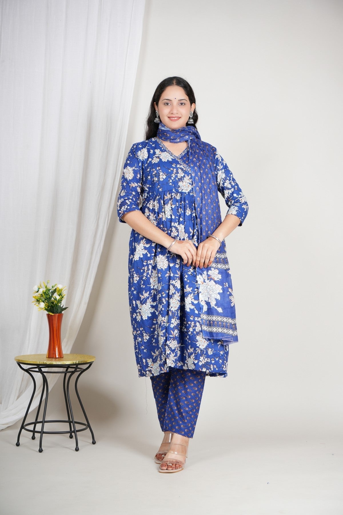Royal Blue Printed Cotton Suit Set for Women | Three-Piece Kurta Pant Dupatta Set | Festive & Ethnic Wear Akrish