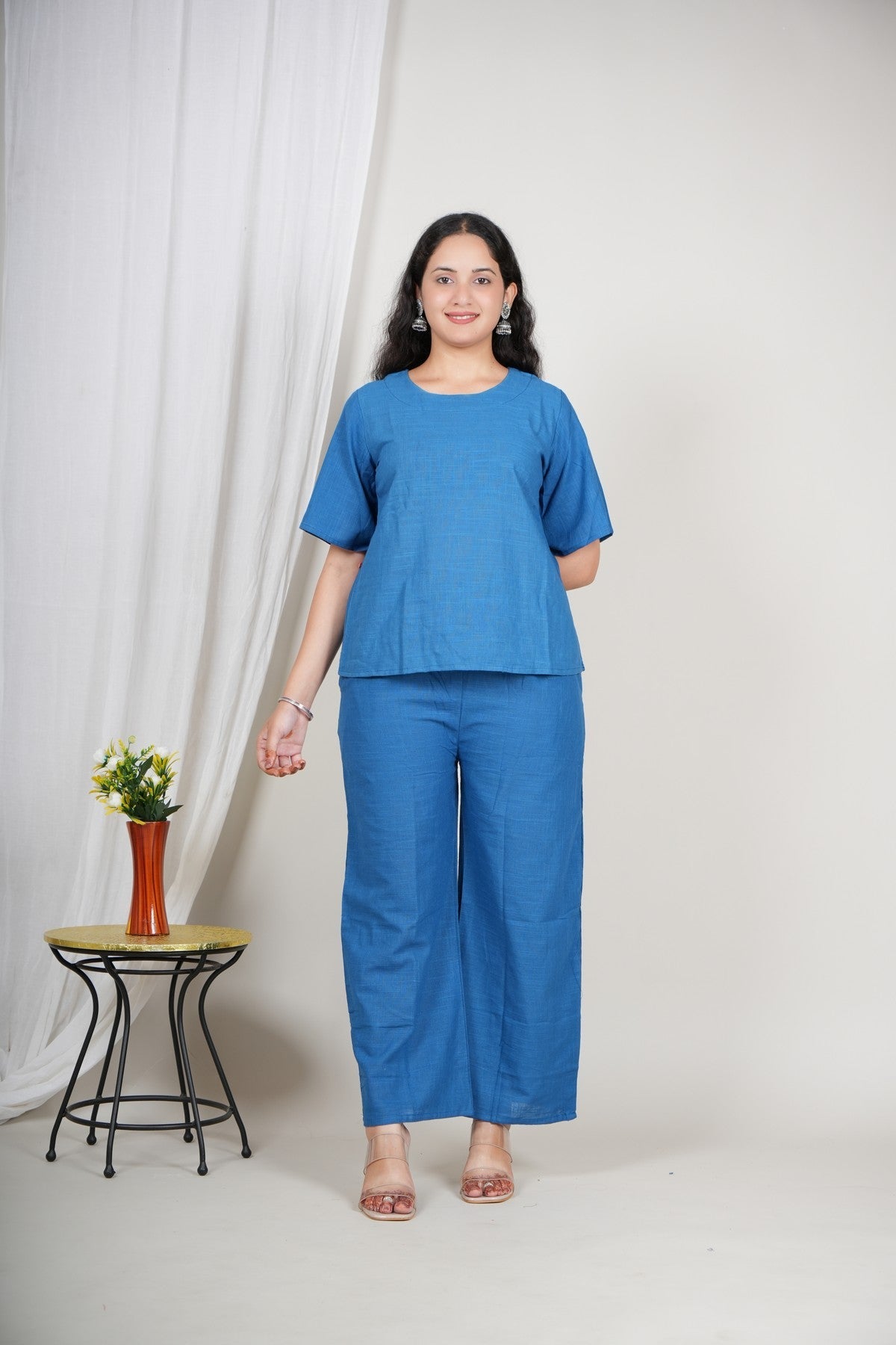 Women’s Solid Blue Cotton Co-ord Set | Comfortable Top & Wide-Leg Pant Set | Daily Wear Casual Two-Piece Outfit Akrish