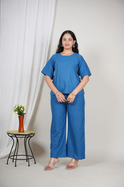 Women’s Solid Blue Cotton Co-ord Set | Comfortable Top & Wide-Leg Pant Set | Daily Wear Casual Two-Piece Outfit Akrish
